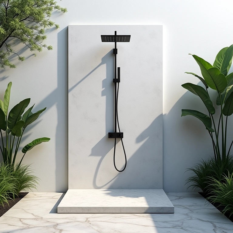 Ducha externa minimalista com design clean e base de concreto.