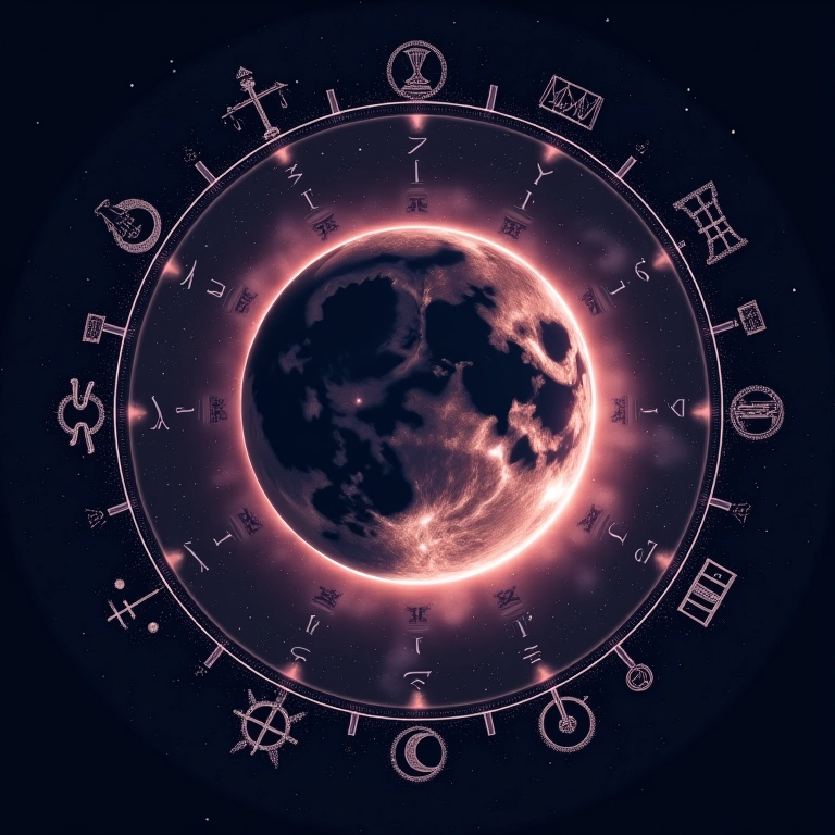 Eclipse lunar com sobreposição de mapa astral e símbolos celestiais.