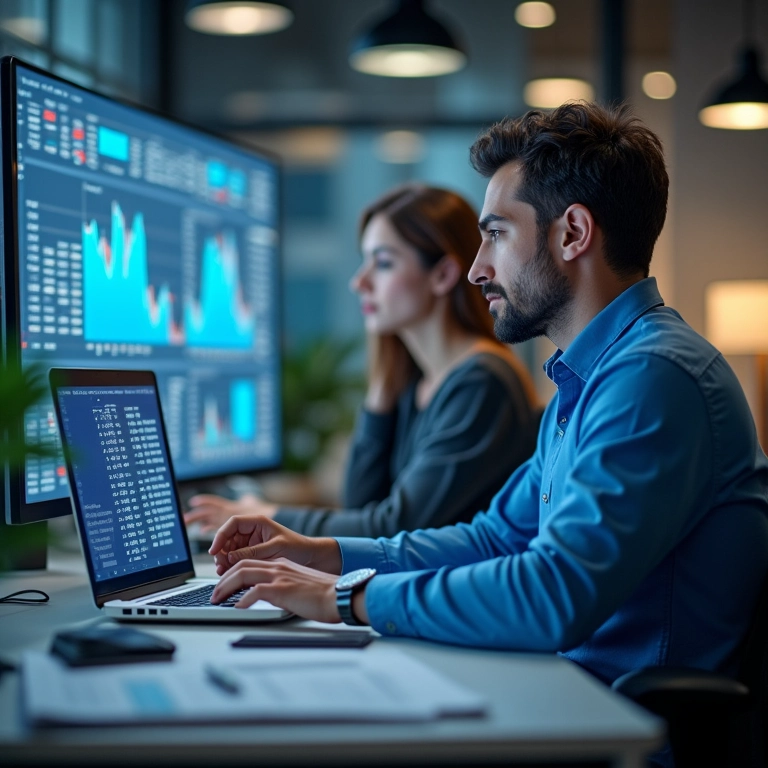 Economistas analisando dados estatísticos sobre tendências econômicas no Brasil.