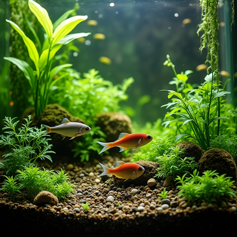 Ecossistema equilibrado em aquário plantado.