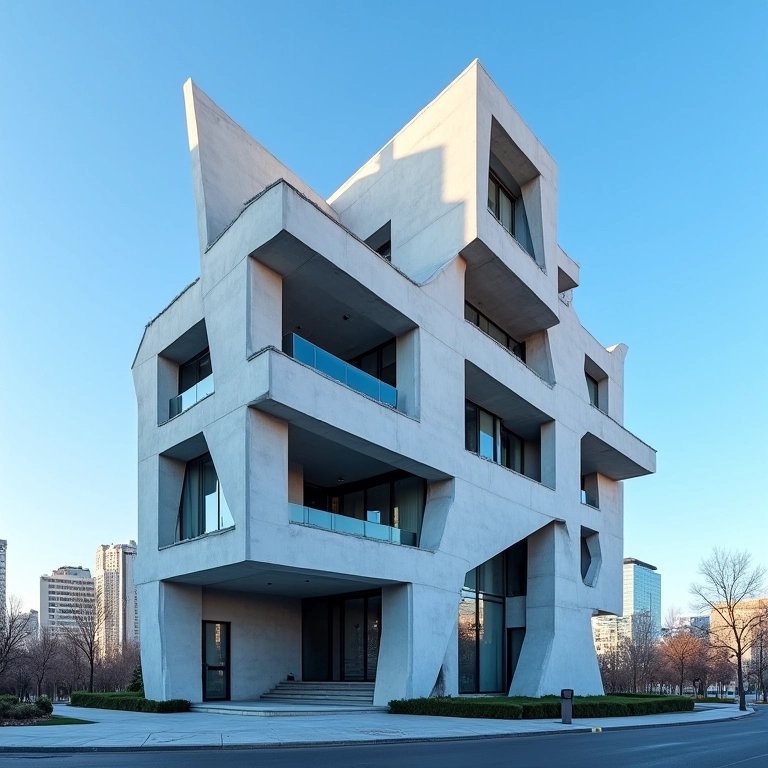 Edifício desconstrutivista com formas não lineares e ângulos agudos.