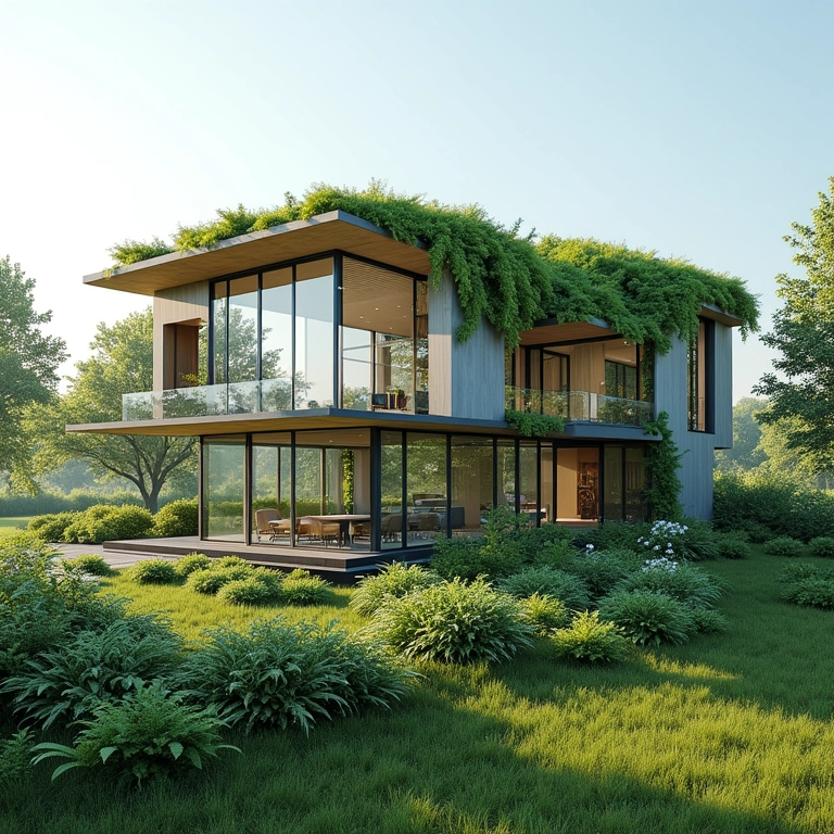 Edifício paramétrico sustentável com telhado verde e painéis solares.