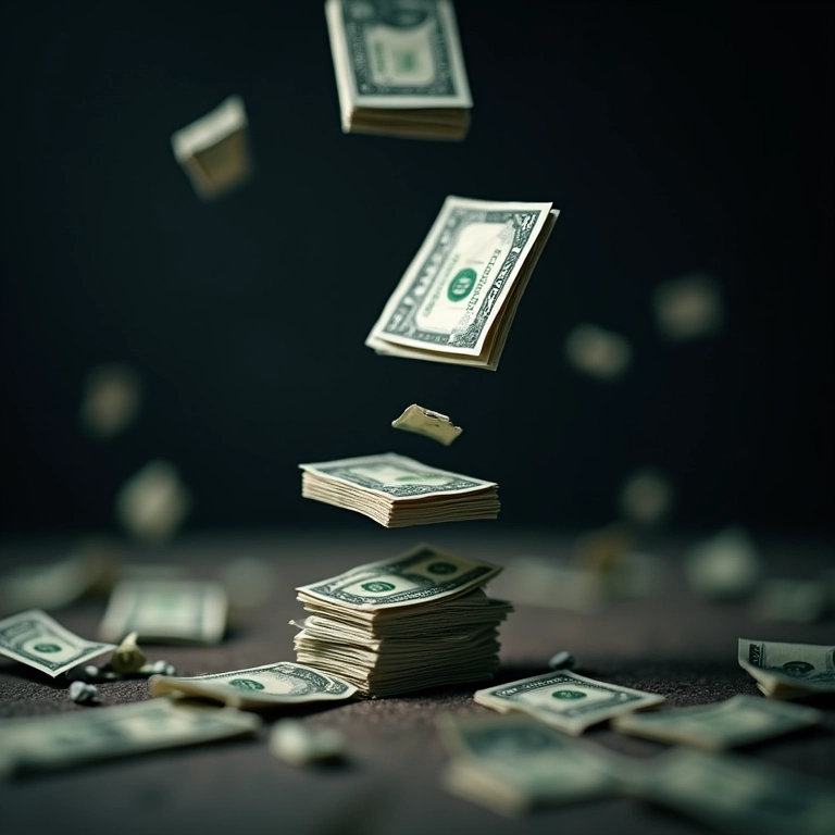 Efeito dominó com notas de dinheiro caindo, representando o caos financeiro.