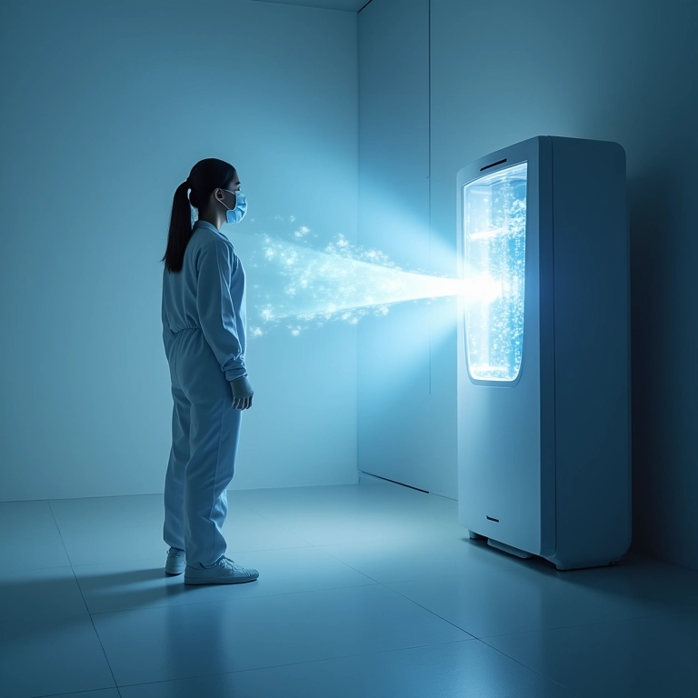 Efeito Tyndall visualizando ar purificado em ambiente controlado.