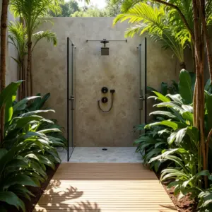 Elegante ducha externa com deck de madeira e pedras naturais, iluminada pelo sol.