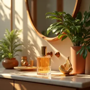 Elegante exibição de perfumes em penteadeira com luz natural.