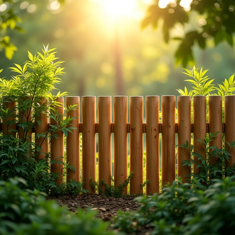 Elementos de madeira no jardim, cerca de bambu, plantas crescendo vigorosamente.
