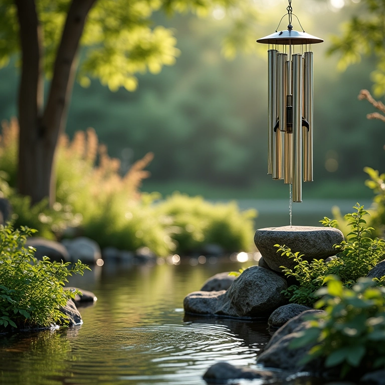 Elementos sonoros em um jardim sensorial: sinos de vento e fonte de água.