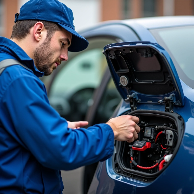Eletricista inspecionando sistema elétrico de carro.