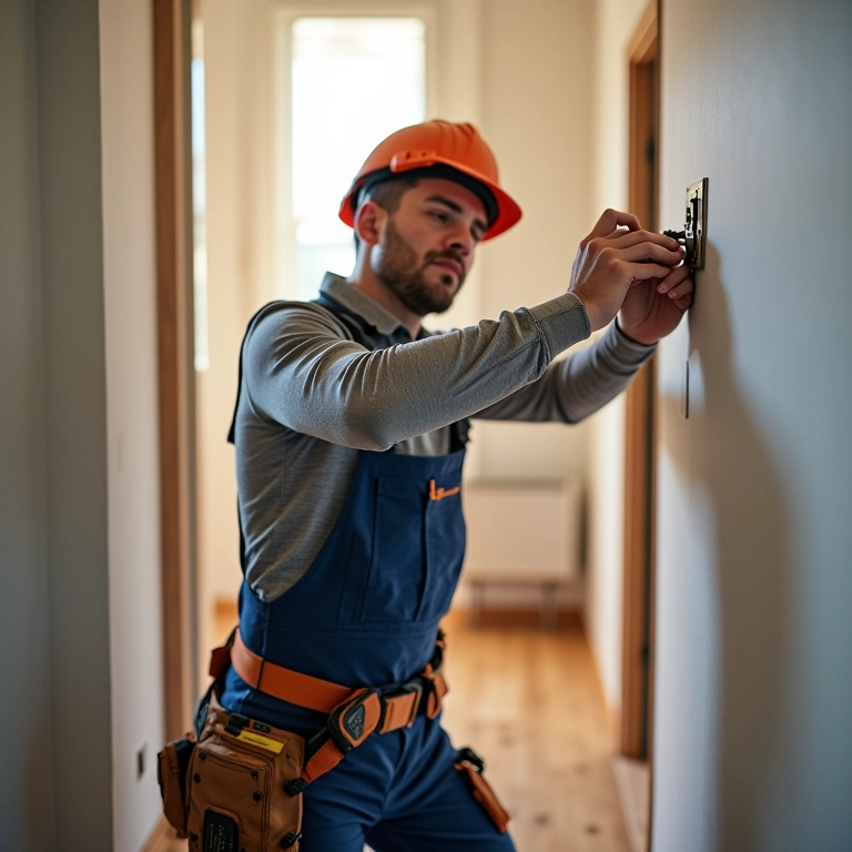 Eletricista instalando fiação nova em apartamento antigo modernizado, instalações elétricas.