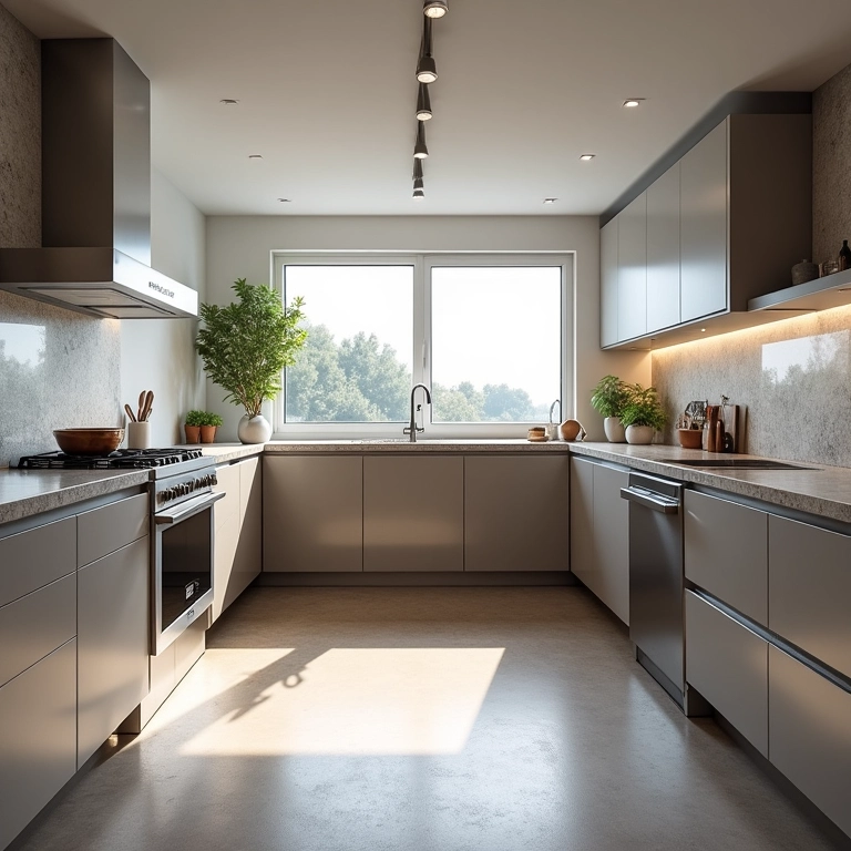 Eletrodomésticos modernos em aço inoxidável integrados em cozinha em L.