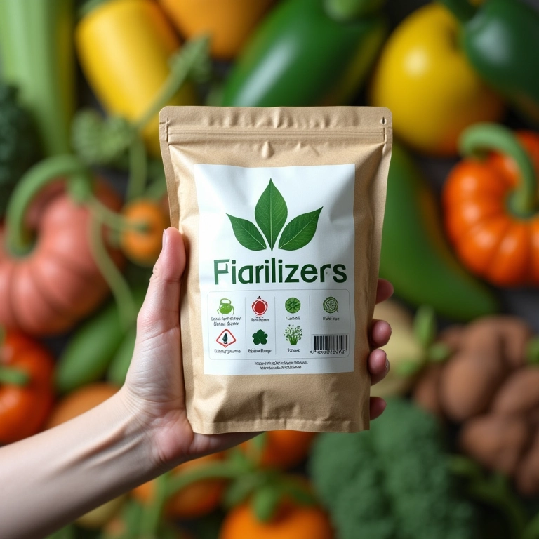 Embalagem de adubo químico com símbolos.