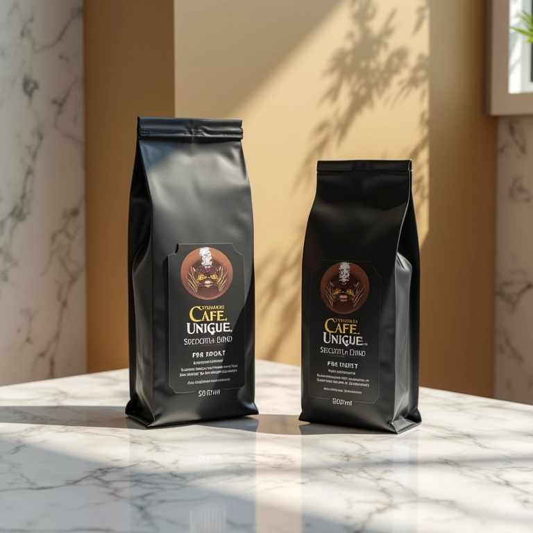 Embalagem de café especial Café Unique com design moderno.