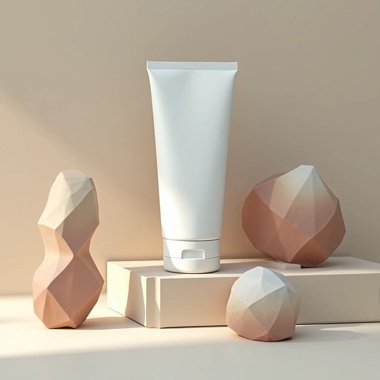 Embalagem de produto com design geométrico único em prateleira minimalista.