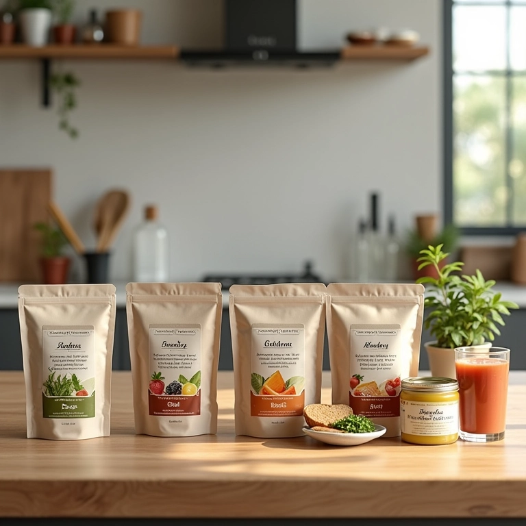 Embalagens de produtos reutilizáveis em cozinha moderna.