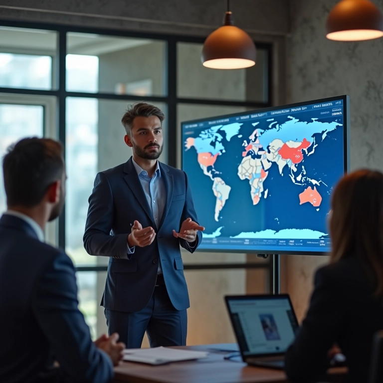 Empreendedor brasileiro apresentando estratégia de marketing no YouTube em escritório moderno.