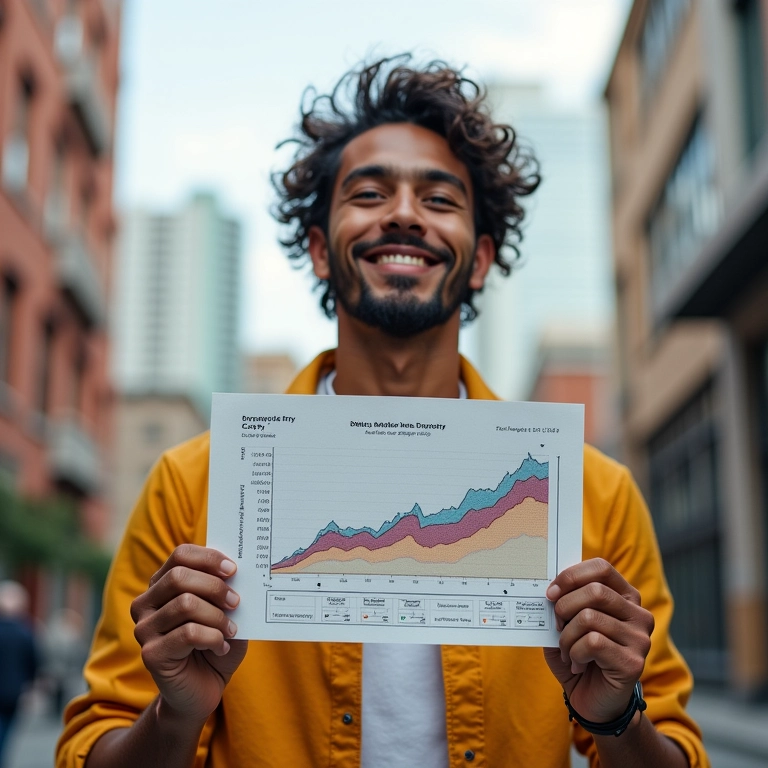 Empreendedor brasileiro com um gráfico de crescimento na mão, expressando otimismo.
