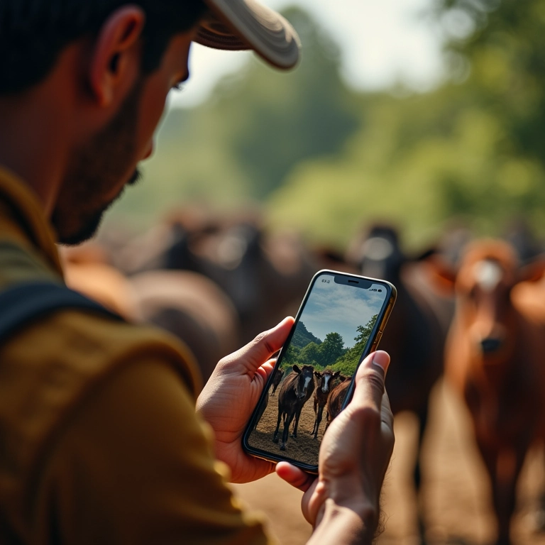 Empreendedor brasileiro divulgando negócio nas redes sociais em smartphone.