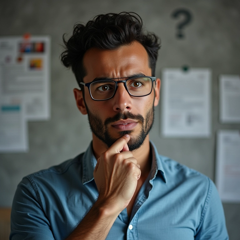 Empreendedor brasileiro pensando em impostos, com expressão de dúvida e preocupação.