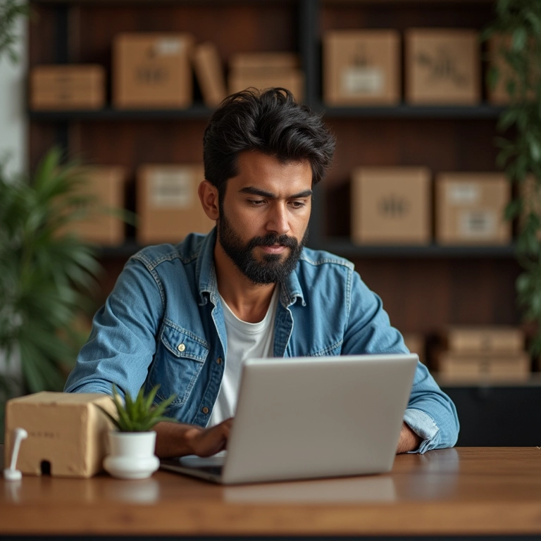 Empreendedor brasileiro usando laptop, visualizando opções de capital de giro.