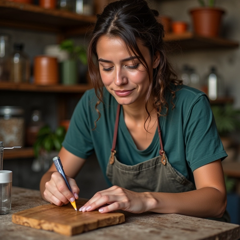 Empreendedor criando produtos personalizados em oficina brasileira vibrante.