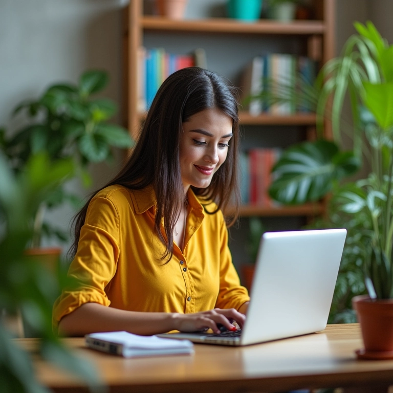 Empreendedor criando um e-book em um escritório doméstico colorido com plantas brasileiras.