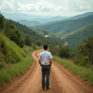 Empreendedor em encruzilhada, representando a escolha entre persistir e desistir.