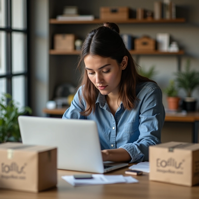 Empreendedor focado gerenciando dropshipping MEI em um laptop, com amostras de produtos.