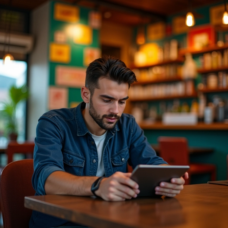 Empreendedor pesquisando oportunidades de nicho de mercado em tablet em café brasileiro colorido.
