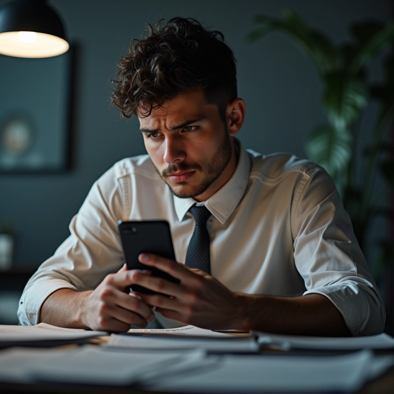 Empreendedor preocupado olhando para uma notificação de pagamento atrasado do DAS MEI no celular.