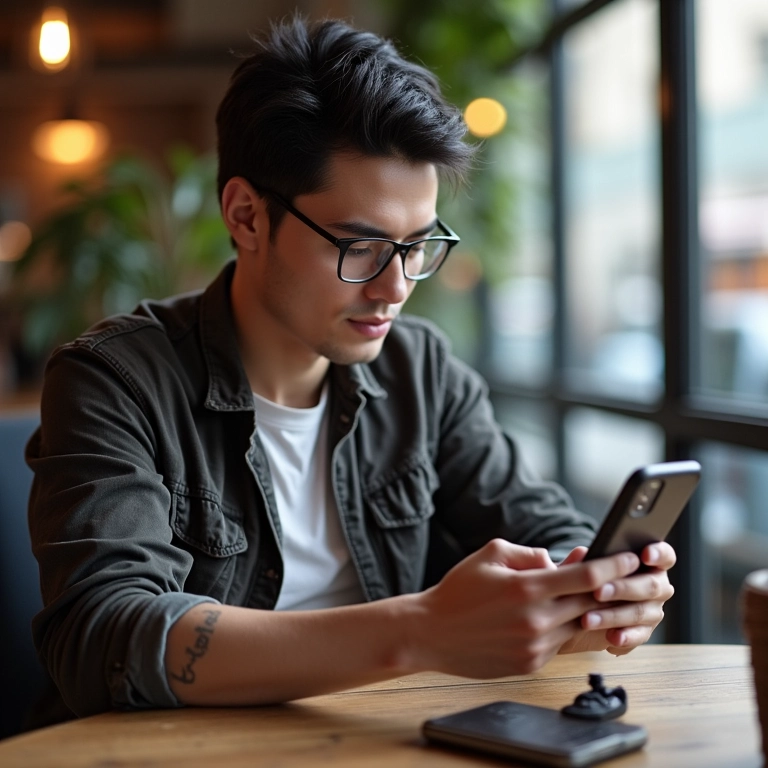 Empreendedor usando o aplicativo MEI em um smartphone enquanto relaxa em um café.