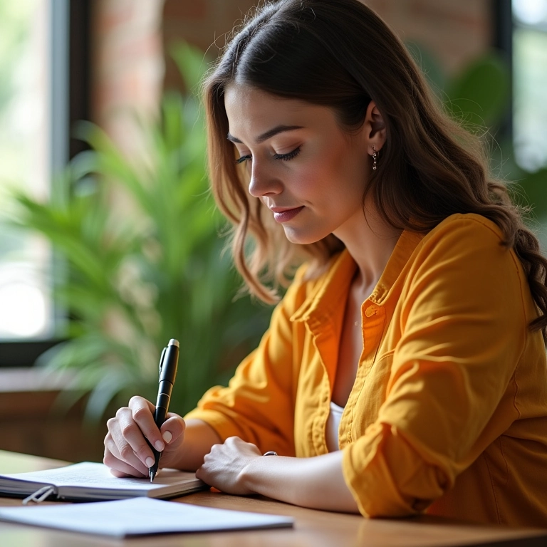 Empreendedora anota dicas de precificação em escritório ensolarado.