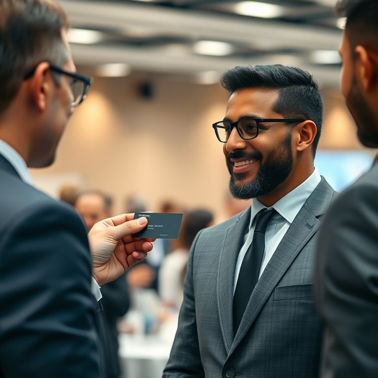 Empreendedora brasileira recebendo um cartão de visitas em um evento de networking.