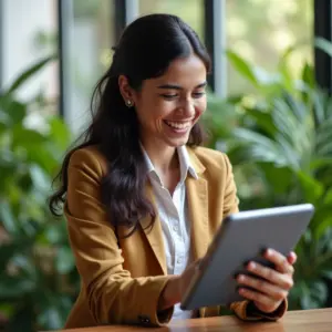 Linhas de Crédito Para MEI Que Você Precisa Conhecer Empreendedora brasileira sorrindo analisa opções de crédito para MEI em tablet.