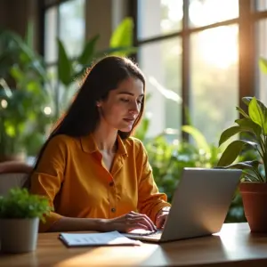 Empreendedora brasileira trabalhando em espaço de co-working vibrante e ensolarado.