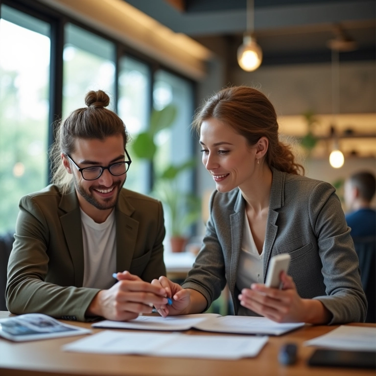 Empreendedora delegando tarefas para colega de trabalho.