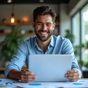 Aumento Limite MEI 2025 O Que Esperar e Como Se Preparar Empreendedora MEI sorrindo ao analisar finanças, demonstrando sucesso.