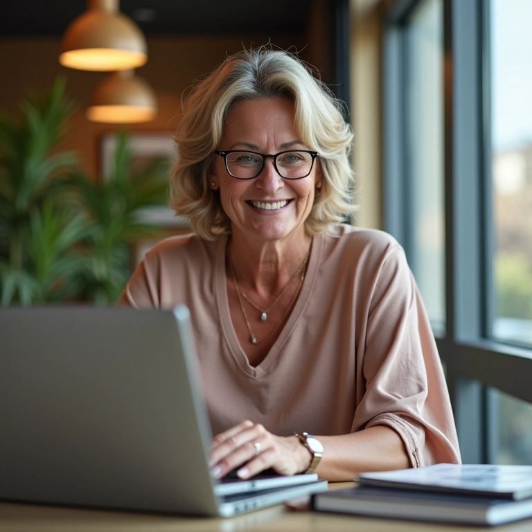 Empreendedora MEI sorrindo e gerenciando finanças no laptop.