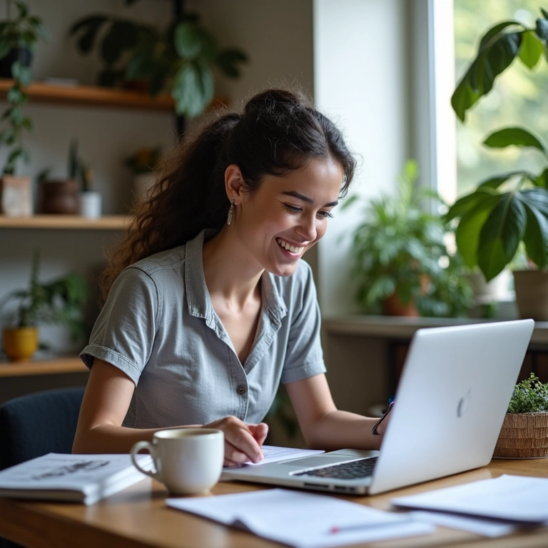 Empreendedora pesquisando marketplaces em um laptop.