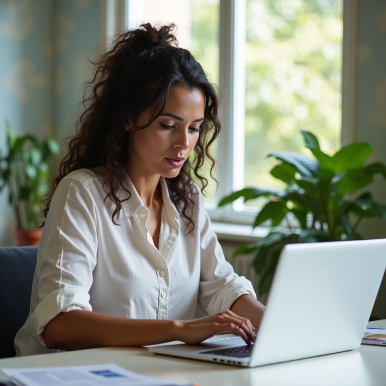 Empreendedora preenchendo a declaração DASN-SIMEI em um laptop em um escritório bem iluminado.