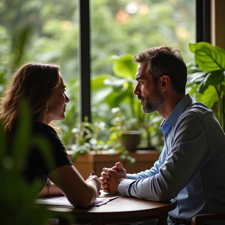 Empreendedora preocupada recebendo conselhos de mentor experiente para superar desafios.