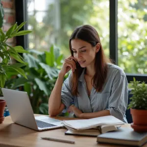 Empreendedora trabalhando em home office organizado e vibrante.