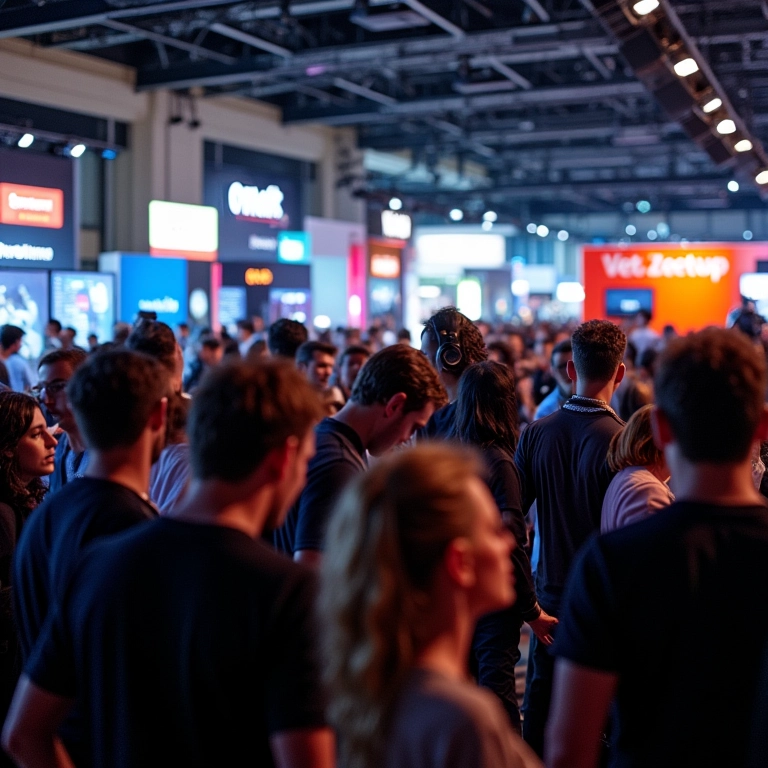 Empreendedores apresentando ideias em estandes na CASE - Conferência Anual de Startups.