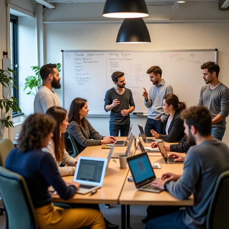 Empreendedores colaborando em espaço de escritório de coliving, ambiente inspirador e colaborativo.