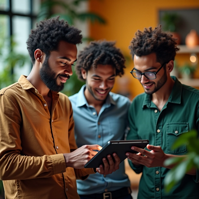 Empreendedores diversos analisando dados em tablet, representando a rodada Seed de investimento.