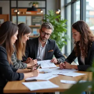 Empreendedores diversos colaborando em espaço de co-working, analisando documentos financeiros para regularização do MEI.