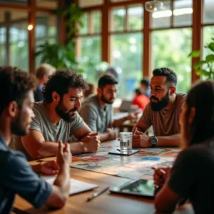 Empreendedores diversos discutindo diversificação de receita em espaço de coworking vibrante.