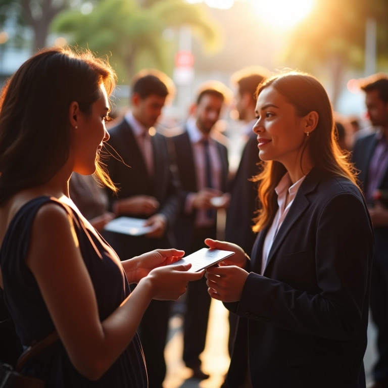 Empreendedores trocando cartões de visita em evento de networking, criando novas oportunidades de negócios.
