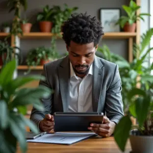 Empresária analisando dados de precificação em tablet, escritório vibrante.