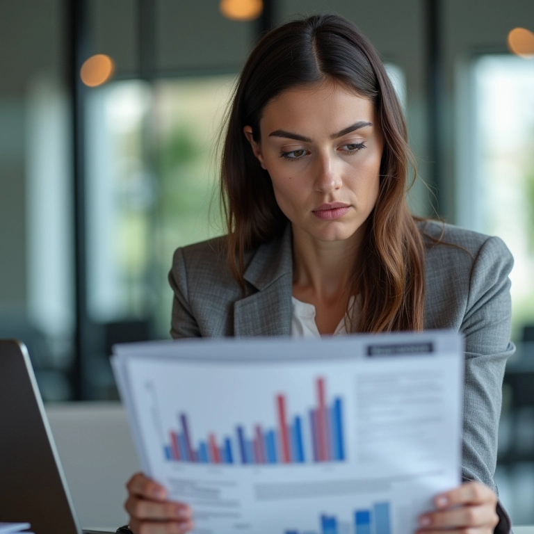 Empresária analisando documentos financeiros e software de contabilidade MEI.